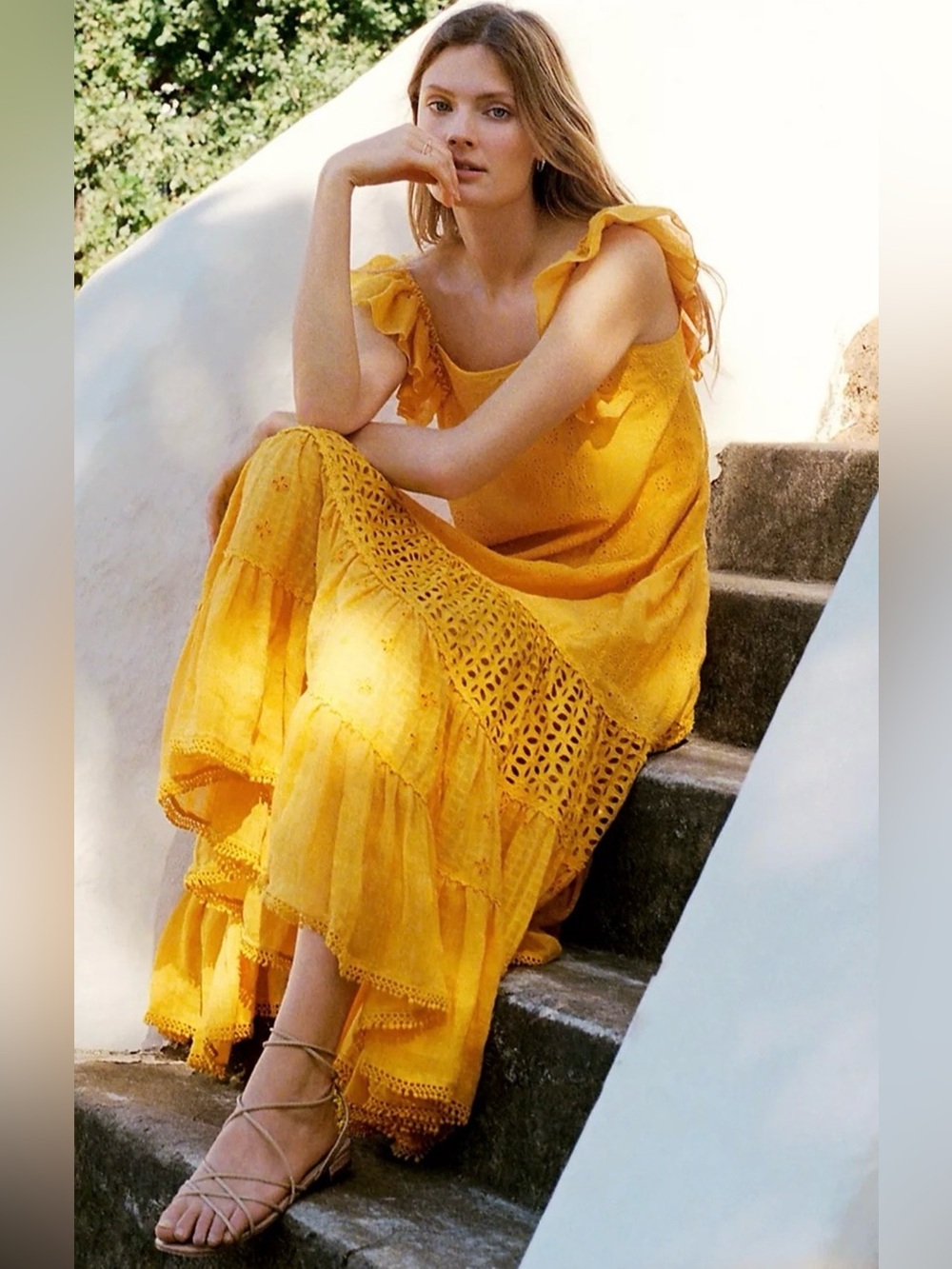 Payal Jain BOHO Yellow Eyelet Floral Lace by Anthropologie Maxi Dress Dz 2